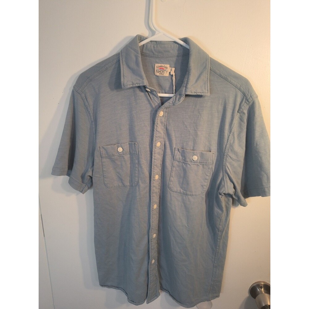 Faherty Brand Men's M Knit Seasons Shirt Short Sleeve Organic Cotton Light Blue